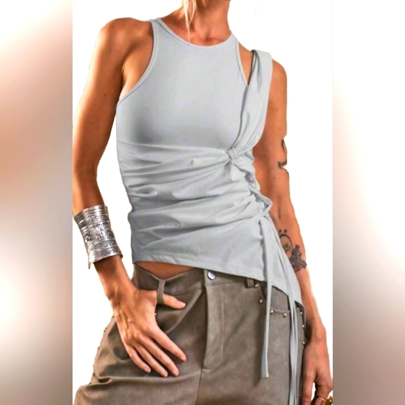 Musera Tops - Medusa Lt Gray Sleeveless Top With Twist Tie On Side Assymetrica Stretchy XS